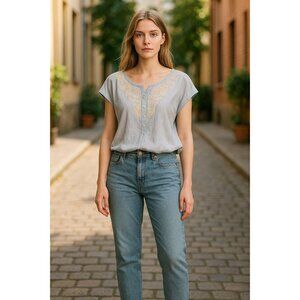 Loft Womens Cap Sleeve Blouse With Embroidered Front Button Placket Blue Size M